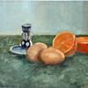 Eggs, orange, and candleholder, 7 x 9